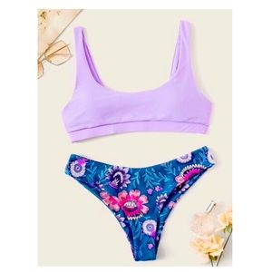 Scoop Neck Top with Floral Bikini Bottoms Set